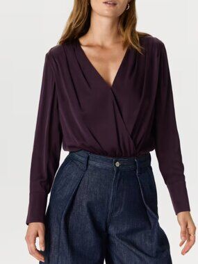 Quince Washable Stretch Silk Surplice Bodysuit Deep Orchid Purple M NWT